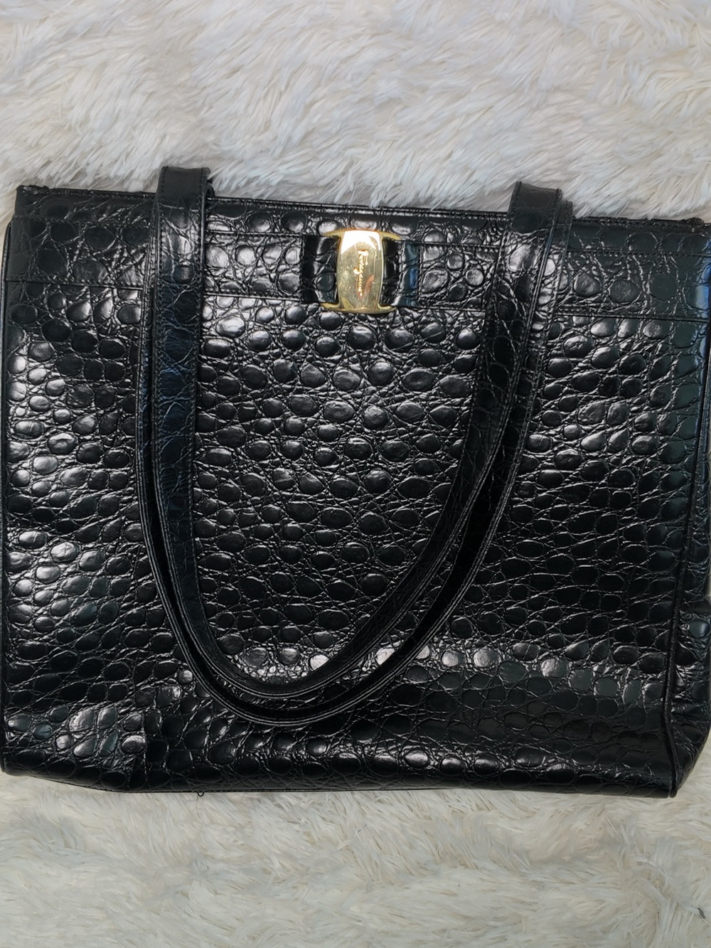 Salvatore Ferragamo Black Croc-Embossed Leather Tote
Bag